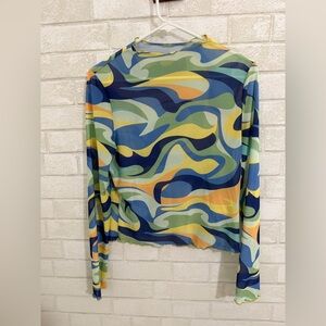 Abstract Swirl Mock Neck Sheer Mesh Long-sleeve Top Size XL #3049